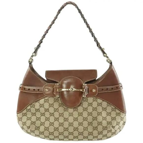 Gucci Monogram Leather Canvas Gg Horsebit Shoulder Bag Brown Size Medium - Picture 1 of 13